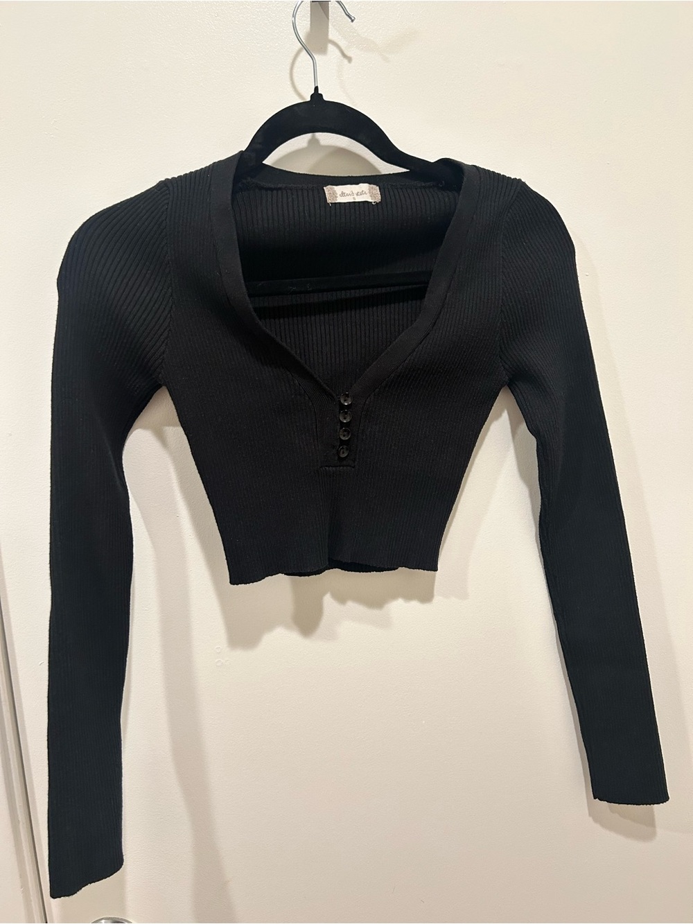Altar'd State Black Ribbed Cropped Henley Long-Sleeve Top
